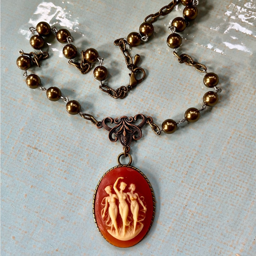 Vintage Carnelian Three Graces Fates Muses Victorian Style Cameo Necklace